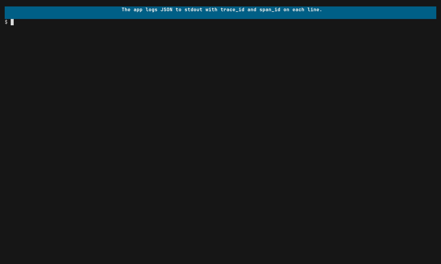 Recording: an app's JSON logs shown raw, then under praytel with each line beneath the span that emitted it, then a search of log bodies
